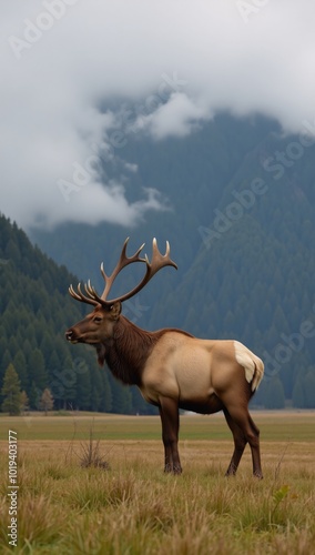 Large elk amidst foggy forest landscape atop a green field photo