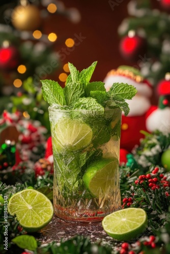 A mojito in a Christmasinspired setting, featuring fresh mint and lime, with holiday decorations in the background photo