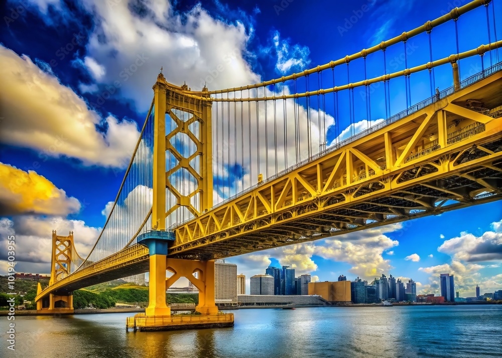 Fototapeta premium Stunning Yellow Bridge Against a Blue Sky Creating a Vibrant Urban Landscape in the City