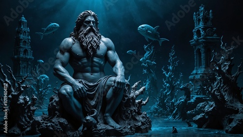 Sculpt Poseidon and a group of sea creatures guarding the deep sea, set against the dark blue ocean floor and mysterious creatures, symbolizing the mystery and protective power of the sea.