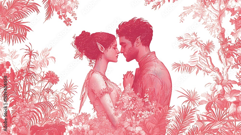 Romantic Couple Embracing in a Lush Floral Garden Romantic Couple Embracing in a Lush Floral Garden