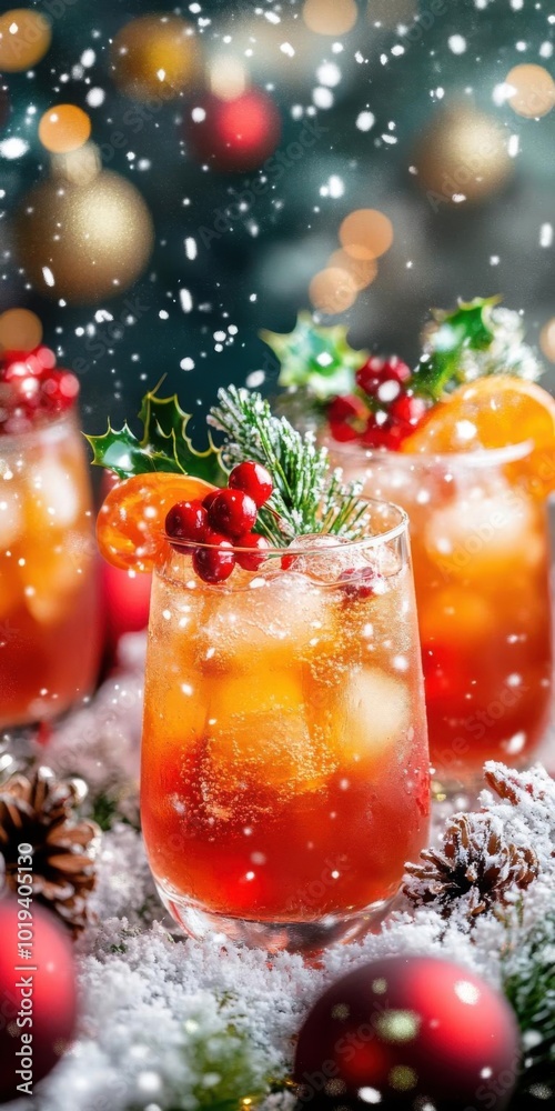 Holiday cocktails with bright festive garnishes, surrounded by Christmas decorations and soft snowflakes Holiday cocktails with bright festive garnishes, surrounded by Christmas decorations and soft snowflakes