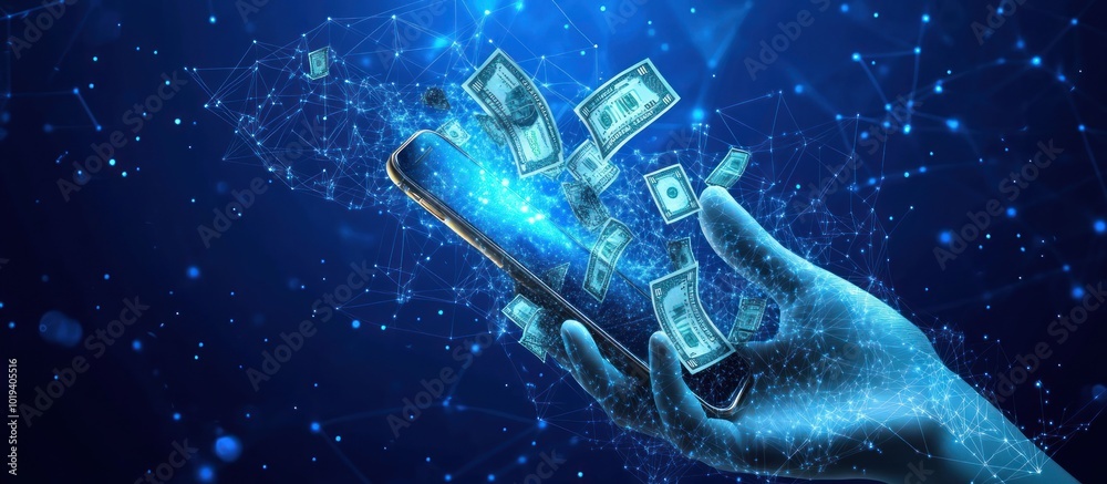 Naklejka premium online money concept on blue technology background. Low poly wireframe