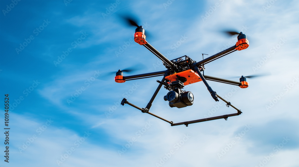 drone flying on blue sky background drone flying on blue sky background