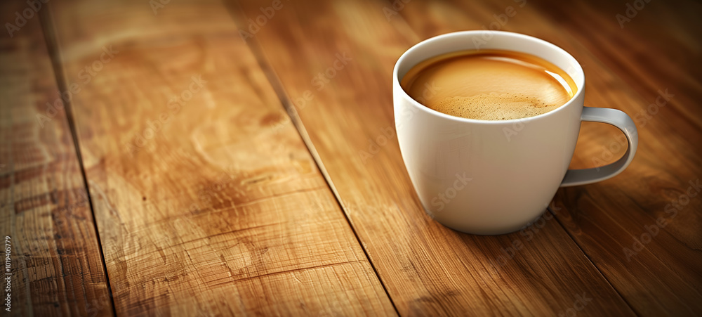Obraz premium White coffee cup on wooden table with warm lighting