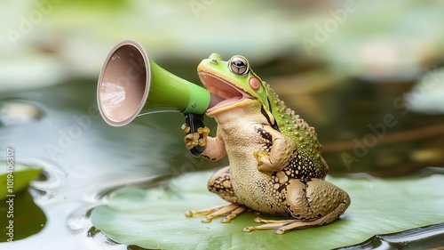 A frog sitting on a lily pad, holding a megaphone and croaking across the pond   frog, megaphone, pond call photo