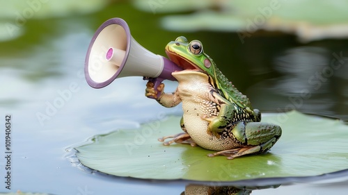 A frog sitting on a lily pad, holding a megaphone and croaking across the pond   frog, megaphone, pond call photo