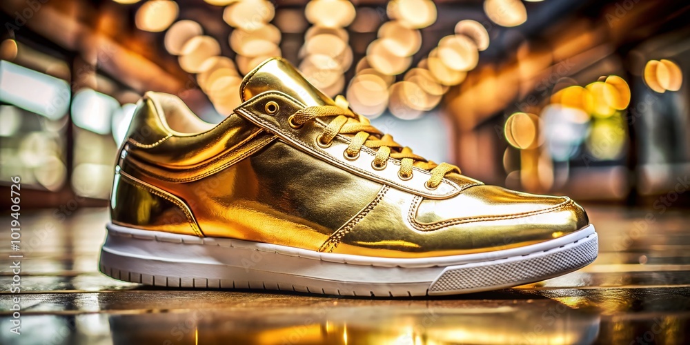 Stylish gold sneaker on a vibrant background showcasing modern footwear design and fashion trends Stylish gold sneaker on a vibrant background showcasing modern footwear design and fashion trends