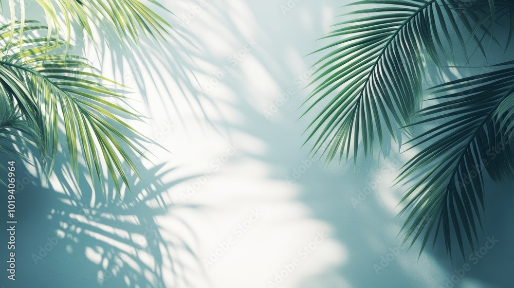 Palm Leaf Casts Shadows on a Light Blue Wall Palm Leaf Casts Shadows on a Light Blue Wall