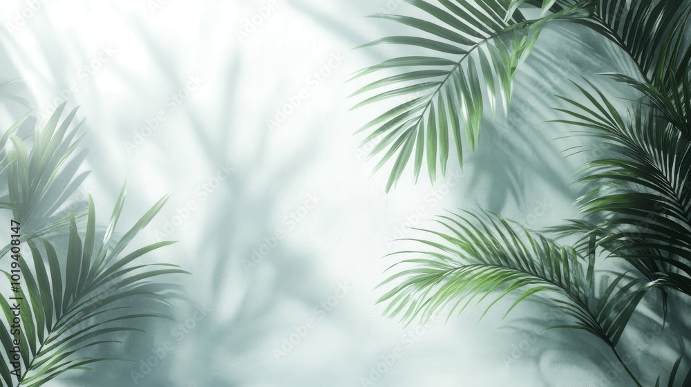 Green Palm Leaves Cast Shadows on a Light Blue Wall Green Palm Leaves Cast Shadows on a Light Blue Wall