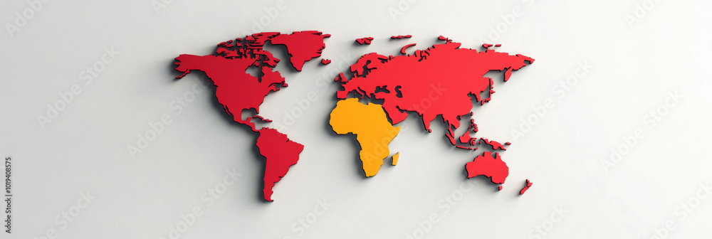 Obraz premium A 3D world map with Africa highlighted in yellow.