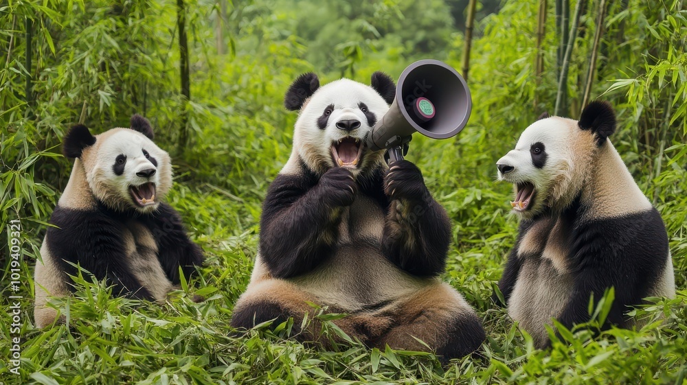 Fototapeta premium A panda sitting in a bamboo forest, holding a megaphone and announcing to other pandas panda, megaphone, bamboo forest call