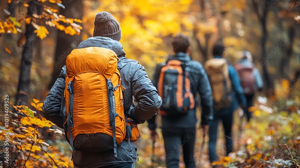 Hiking Group in Autumn Forest with Backpacks Fall Foliage and Adventure Hiking Group in Autumn Forest with Backpacks Fall Foliage and Adventure