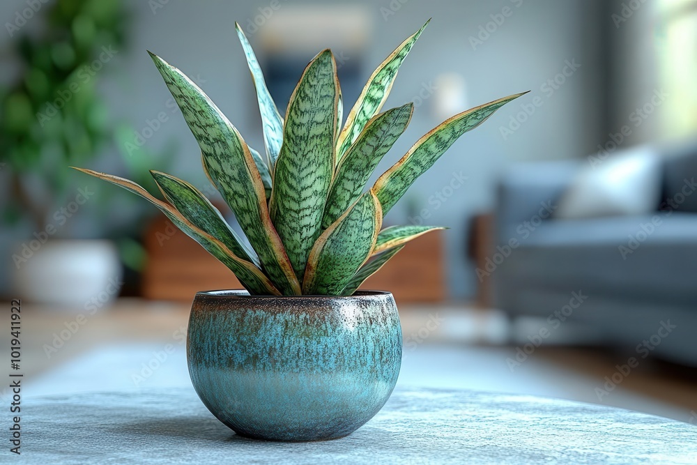 sansevieria plant in a stylish pot set against a softly blurred living room background conveying a sense of tranquility and modern interior design aesthetics sansevieria plant in a stylish pot set against a softly blurred living room background conveying a sense of tranquility and modern interior design aesthetics