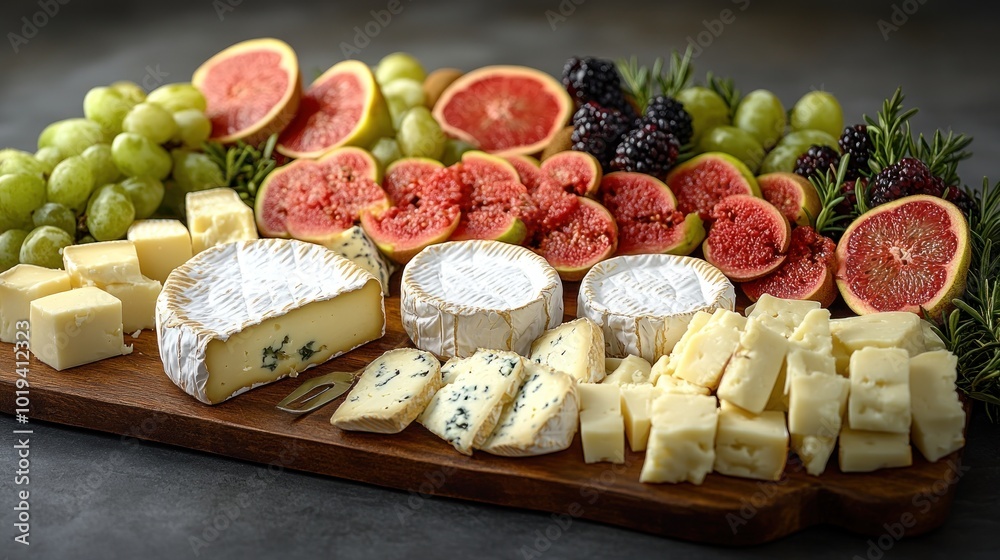 A beautifully arranged cheese platter with fruits and herbs. A beautifully arranged cheese platter with fruits and herbs.