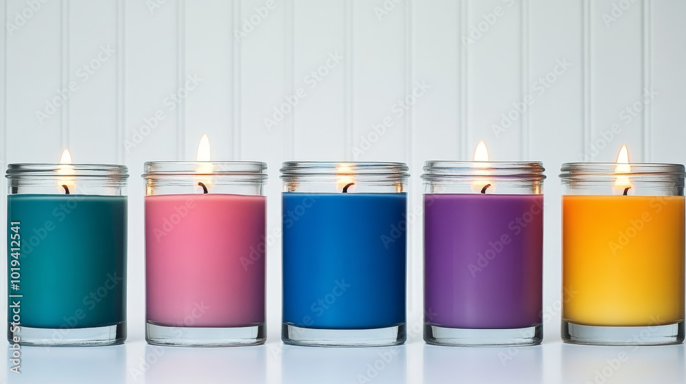 Five colorful candles, each in a glass jar, burning brightly. Five colorful candles, each in a glass jar, burning brightly.