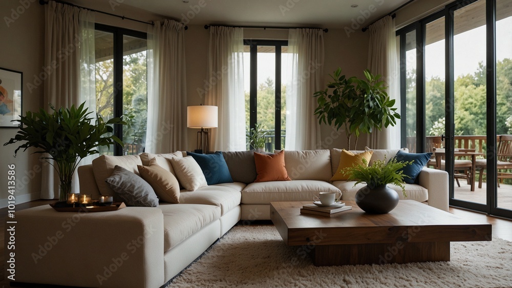 Fototapeta premium Cozy and Modern Living Room with Colorful Cushions, Plush Area Rug, and Lush Indoor Plants