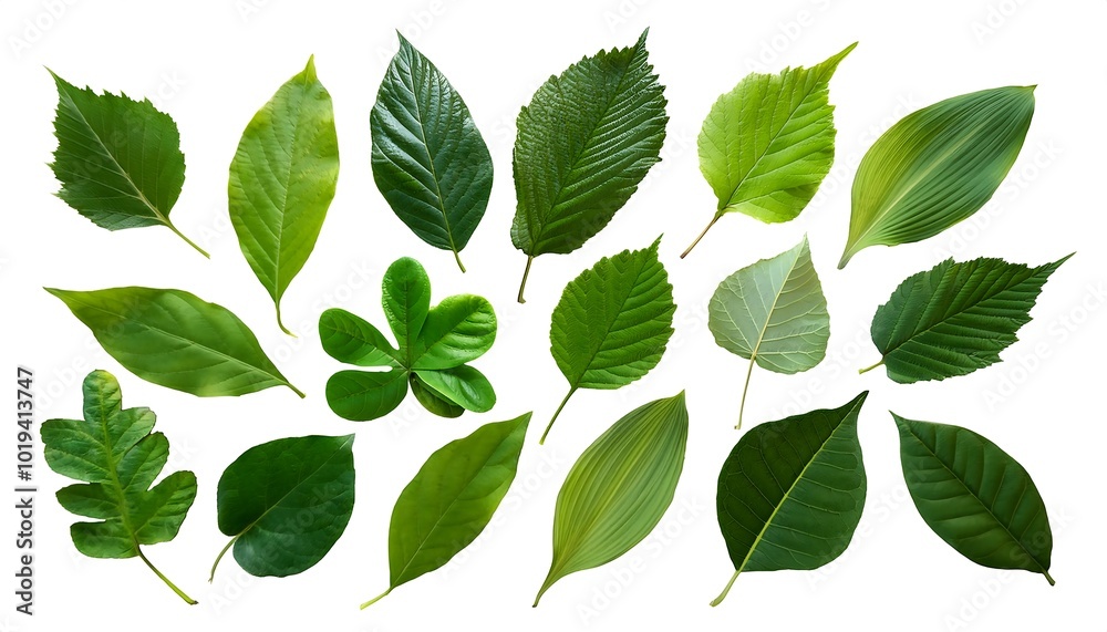 The image depicts a set of green leaves isolated on a white background, showcasing their natural beauty and fresh appearance The image depicts a set of green leaves isolated on a white background, showcasing their natural beauty and fresh appearance