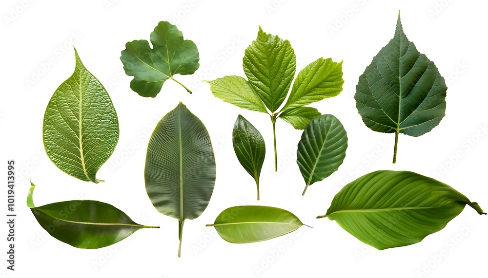 The image depicts a set of green leaves isolated on a white background, showcasing their natural beauty and fresh appearance The image depicts a set of green leaves isolated on a white background, showcasing their natural beauty and fresh appearance