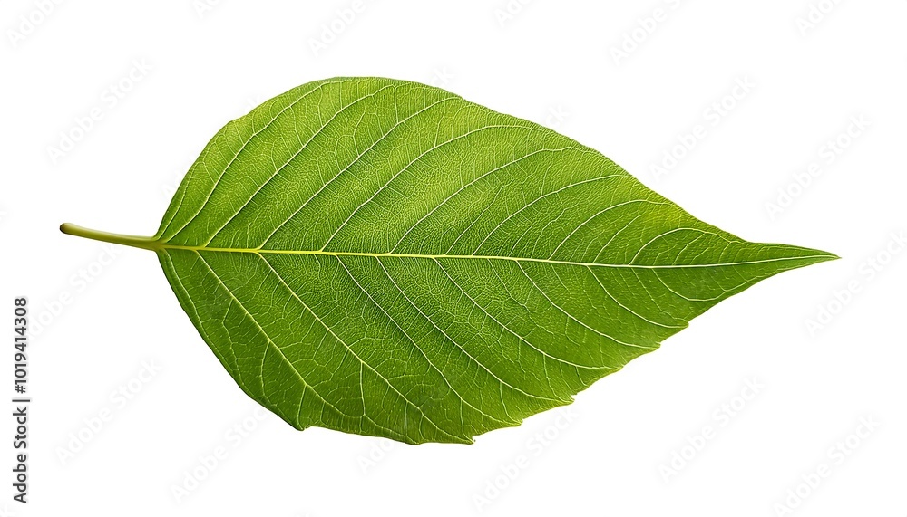 A close-up of a single, green leaf isolated on a white background shows its veins and fresh, natural texture A close-up of a single, green leaf isolated on a white background shows its veins and fresh, natural texture