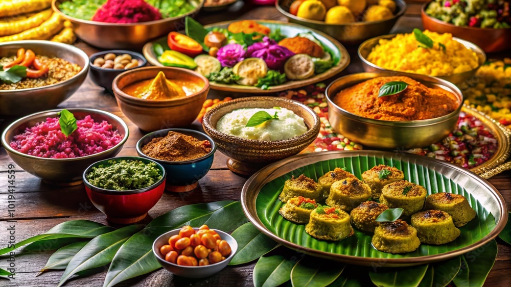 Traditional Hindu Cuisine with Colorful Vegetarian Dishes and Sweets on a Festive Table Setting Traditional Hindu Cuisine with Colorful Vegetarian Dishes and Sweets on a Festive Table Setting