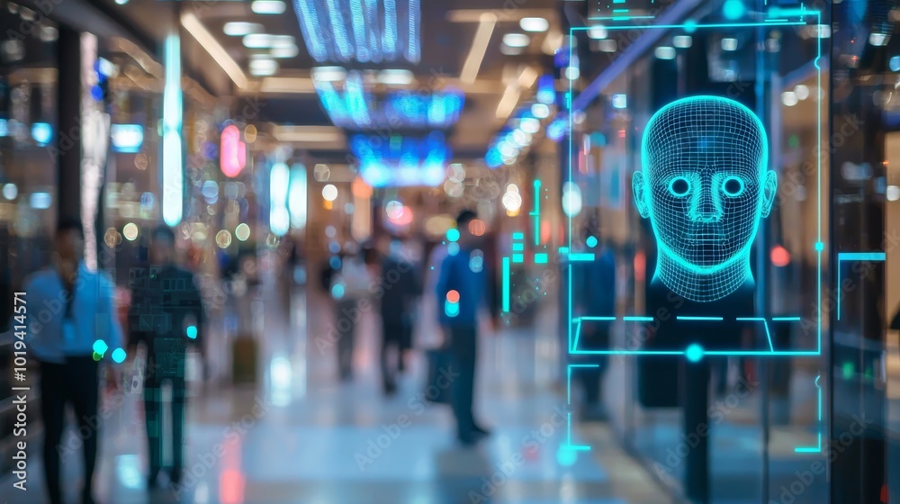 In a high-tech shopping mall, facial recognition systems catch a criminal trying to bypass security, while digital alerts and security forces move in quickly. In a high-tech shopping mall, facial recognition systems catch a criminal trying to bypass security, while digital alerts and security forces move in quickly.