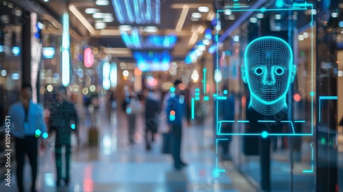 In a high-tech shopping mall, facial recognition systems catch a criminal trying to bypass security, while digital alerts and security forces move in quickly.