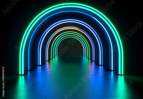 Abstract green neon light hall design