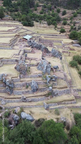 4K Vertical Aerial Shot of Inkilltambo Inca Archeological Ruins. Cusco, Peru - 2024, Sep 28th photo