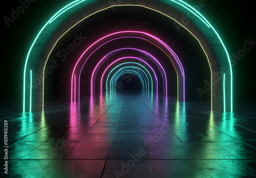 Abstract green neon light hall design