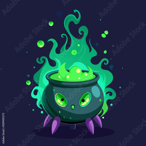 A cauldron overflowing with eerie green mist and magical symbols floating in the air.