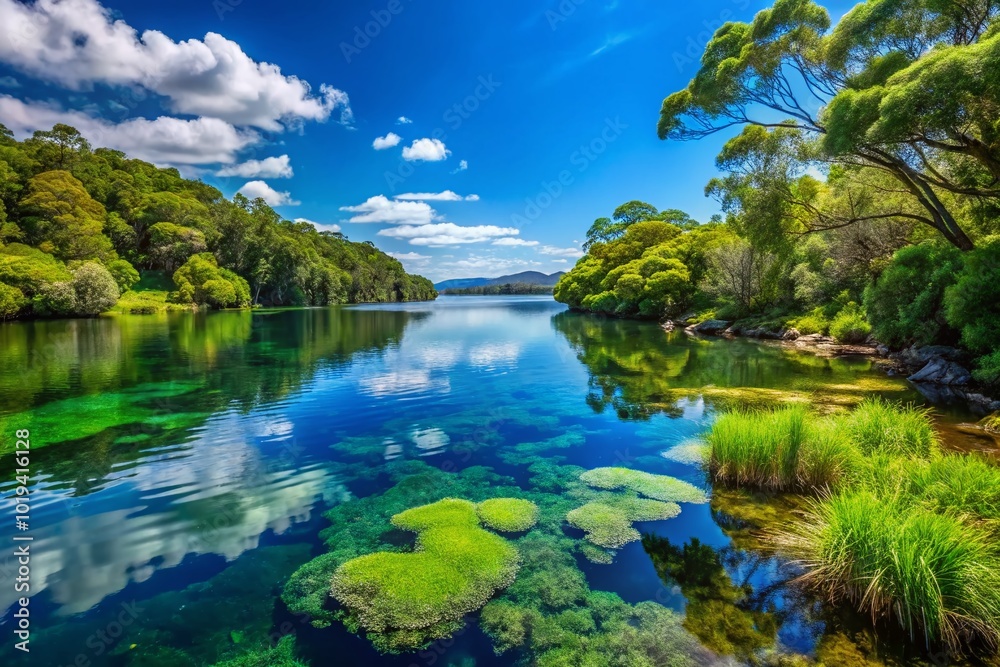 Tranquil Bullfrog Bay Landscape with Lush Greenery and Calm Waters Under a Clear Blue Sky Tranquil Bullfrog Bay Landscape with Lush Greenery and Calm Waters Under a Clear Blue Sky