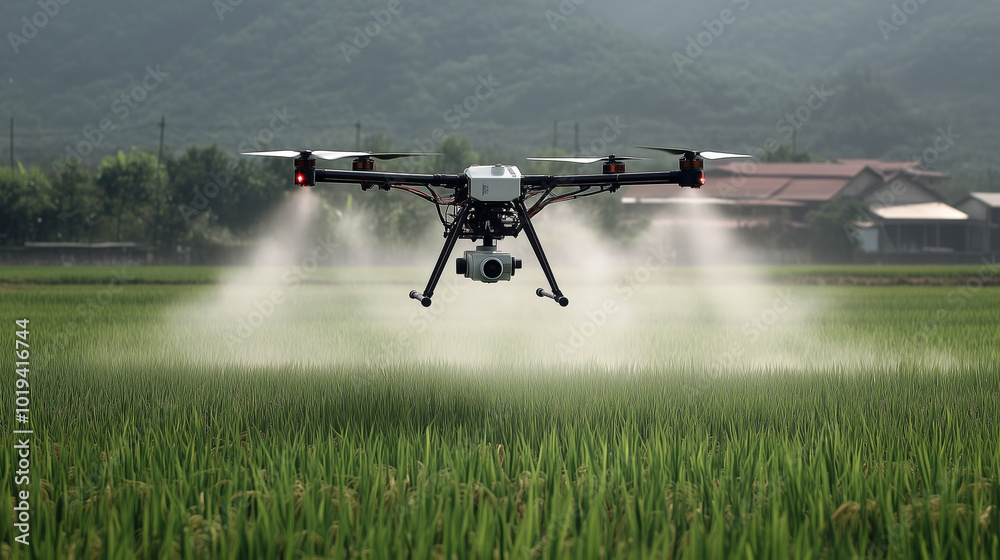 flying drones spray pesticide over rice field flying drones spray pesticide over rice field