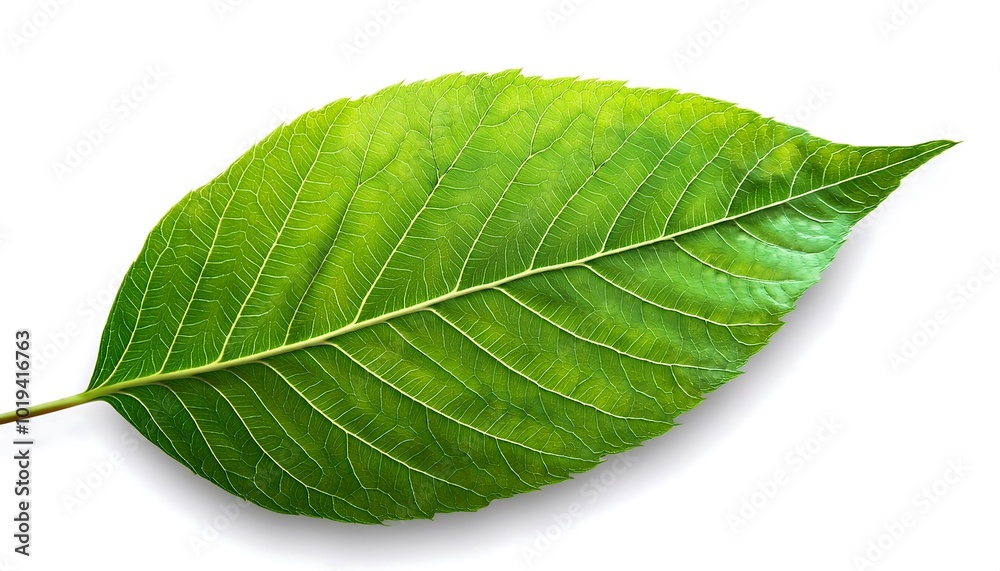 Obraz premium A close-up of a single, green leaf isolated on a white background shows its veins and fresh, natural texture