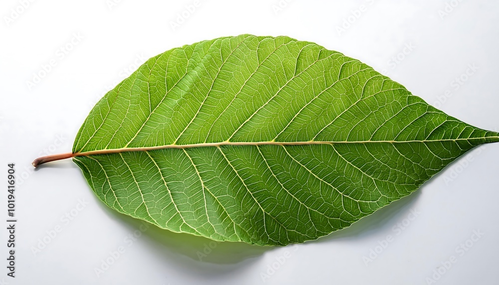 Obraz premium A close-up of a single, green leaf isolated on a white background shows its veins and fresh, natural texture
