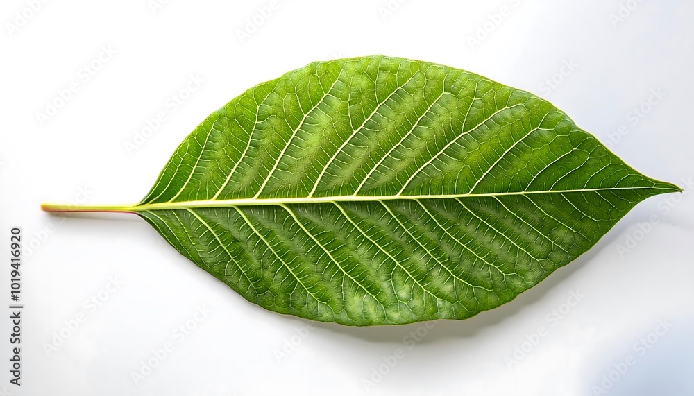 Obraz premium A close-up of a single, green leaf isolated on a white background shows its veins and fresh, natural texture