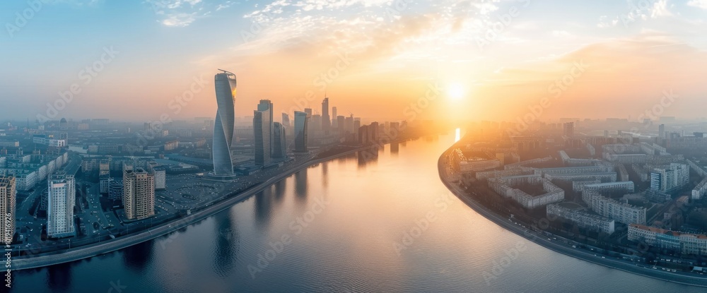 Stunning Sunrise Over Urban Skyline A Serene View of a City by the River Stunning Sunrise Over Urban Skyline A Serene View of a City by the River