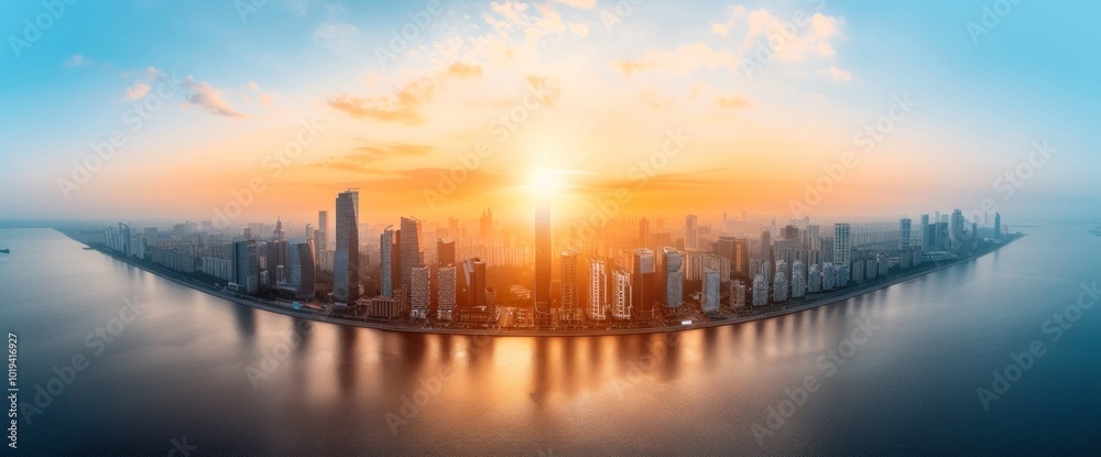 Stunning Skyline at Sunset A Vibrant Cityscape Reflected in Serene Waters Stunning Skyline at Sunset A Vibrant Cityscape Reflected in Serene Waters