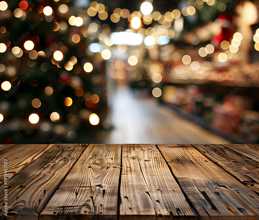 wooden table with Christmas decorations, with snow falling and lights in the background wooden table with Christmas decorations, with snow falling and lights in the background