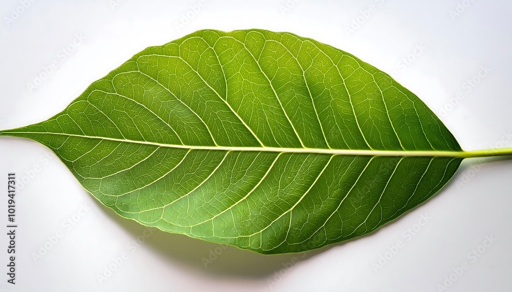 Fototapeta premium A close-up of a single, green leaf isolated on a white background shows its veins and fresh, natural texture