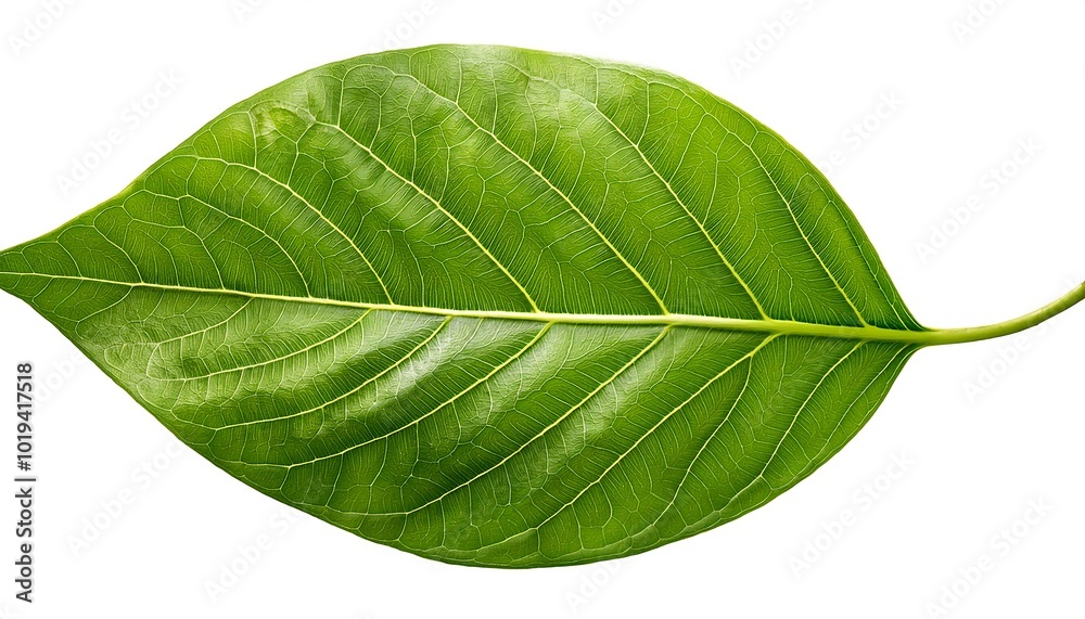 Obraz premium A close-up of a single, green leaf isolated on a white background shows its veins and fresh, natural texture