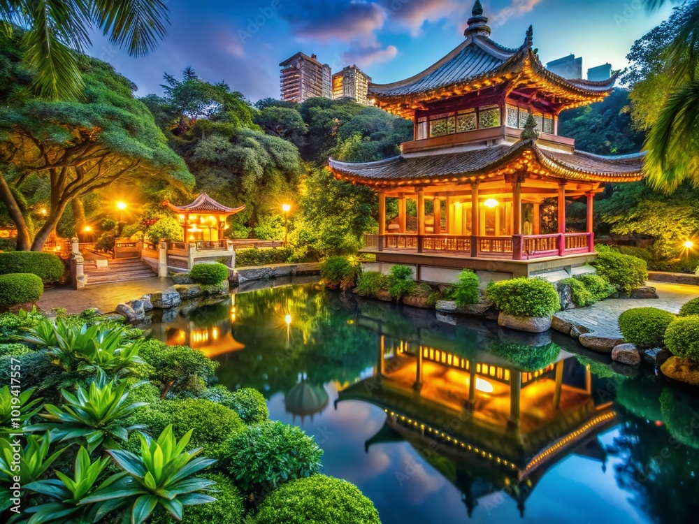 Obraz premium Tranquil Lin Family Garden in Taipei Surrounded by Lush Greenery and Traditional Architecture