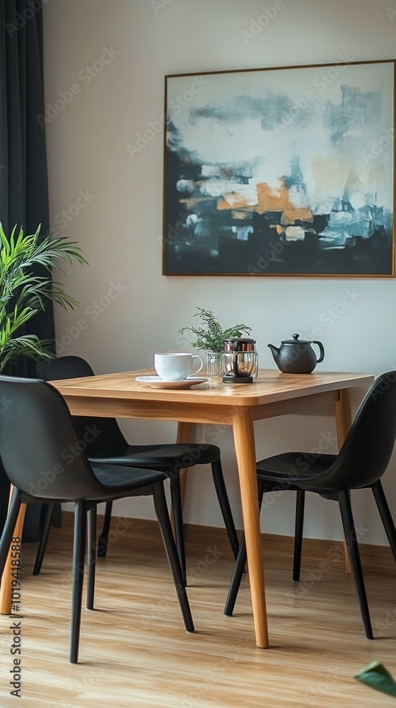 Modern dining nook with wooden table, black chairs, and abstract artwork creates a cozy atmosphere for tea time, blending style and comfort. Modern dining nook with wooden table, black chairs, and abstract artwork creates a cozy atmosphere for tea time, blending style and comfort.