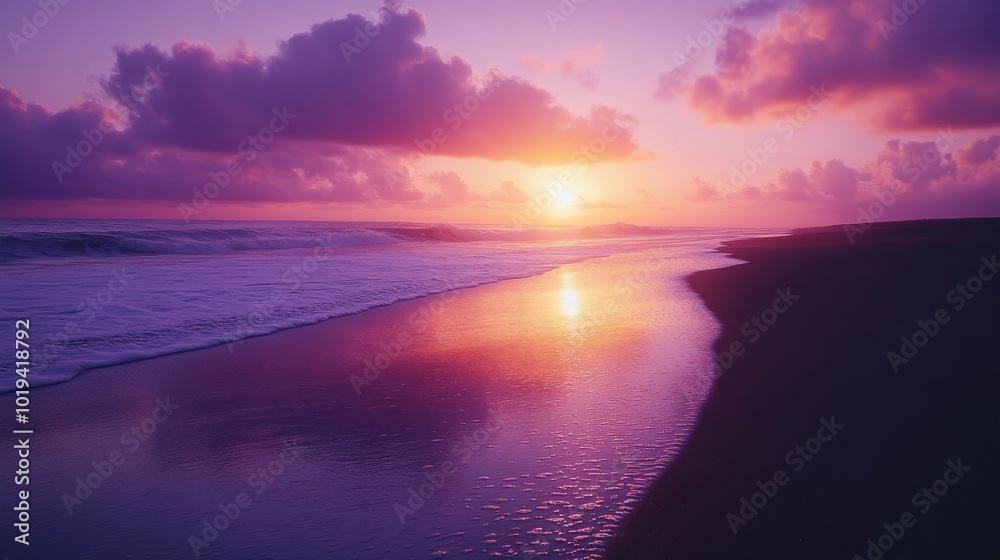 Purple Sunset Over a Beach With Waves and Reflections in the Water Purple Sunset Over a Beach With Waves and Reflections in the Water