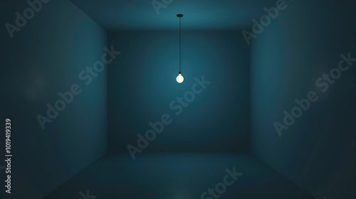 Dark empty room with single flickering light bulb casting long shadows, emphasizing absence of power and eerie atmosphere, minimalist setting with focus on light bulb's glow.