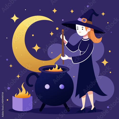 A witch brewing potions with the cauldron bubbling under a crescent moon.