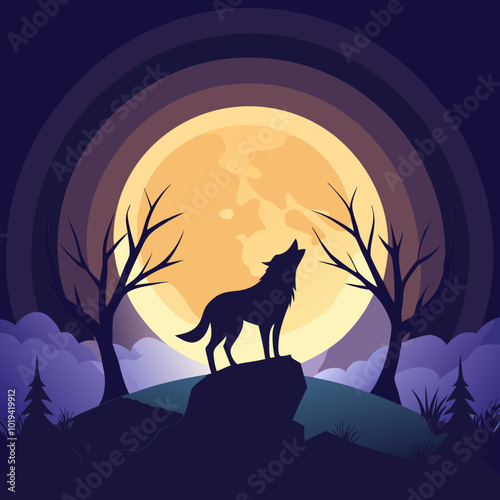 A wolf’s silhouette in front of a full moon with eerie trees surrounding it.