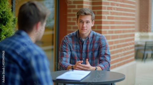 Young man in plaid shirt engaged in serious conversation with another person at outdoor cafe table, brick wall background, professional meeting atmosphere.