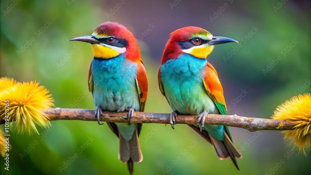 Fototapeta premium Two Colorful Birds Perched Together on a Branch, Symbolizing Duality and Harmony in Nature