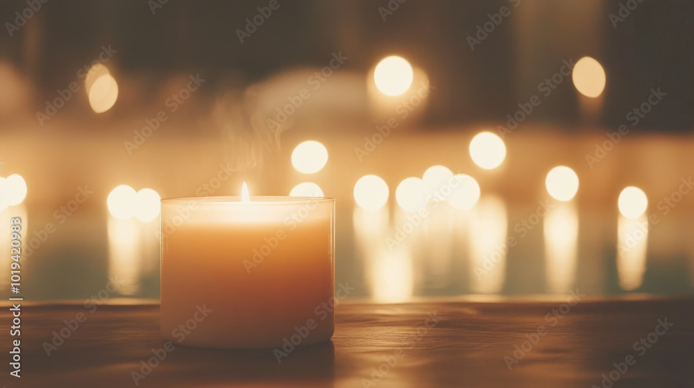 A single candle burns brightly, casting a warm glow against a backdrop of soft, out-of-focus lights. A single candle burns brightly, casting a warm glow against a backdrop of soft, out-of-focus lights.